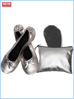 Foldable Ballet Flats Women Portable Roll Up Shoes Leather with Zipper Pouch
